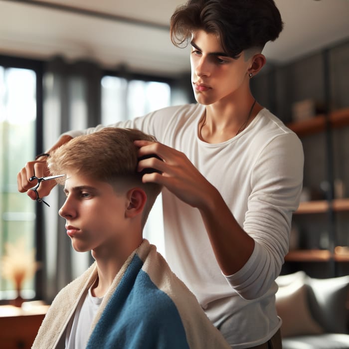 Teenage Boys Haircutting: Two Boys Bonding Over Hairdressing