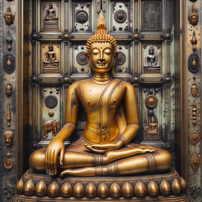 Golden Buddha Statue on Metal Door: Tranquil Meditation Scene