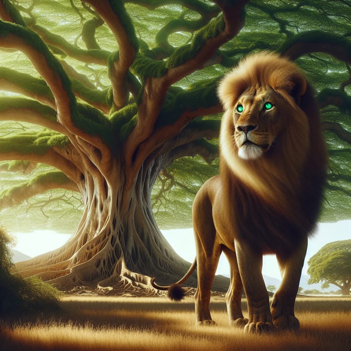 Majestic Lion with Vibrant Emerald Eyes and Towering Tree