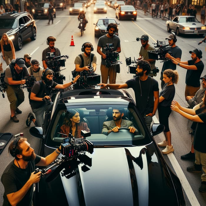 Cinematography Team Filming Car Scene with Urban Backdrop
