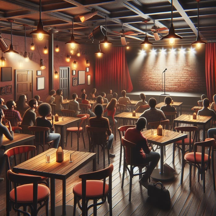 Vibrant Stand-Up Comedy Club | Tables, Chairs, Red & Brown Colors