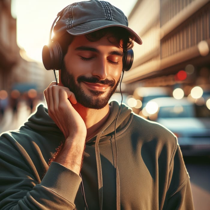 Tranquil Middle-Eastern Man Walking Down City Street | Headphones