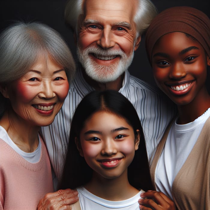 Multigenerational Family Portrait | Smiling Old Man, Young Girl, Woman