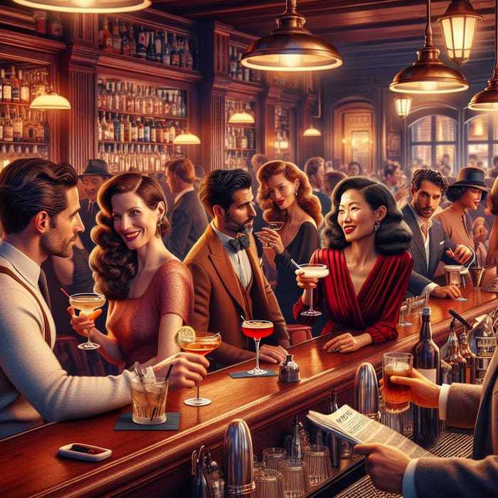 Vibrant Bar Scene with Diverse Conversations and Laughter