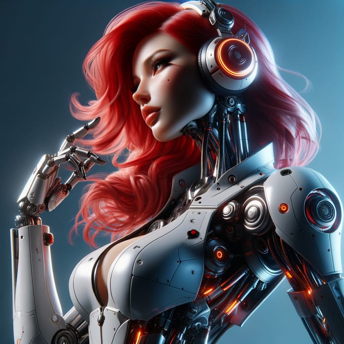 Stunning Biorobot Girl with Radiant Red Hair in Cyberpunk Suit