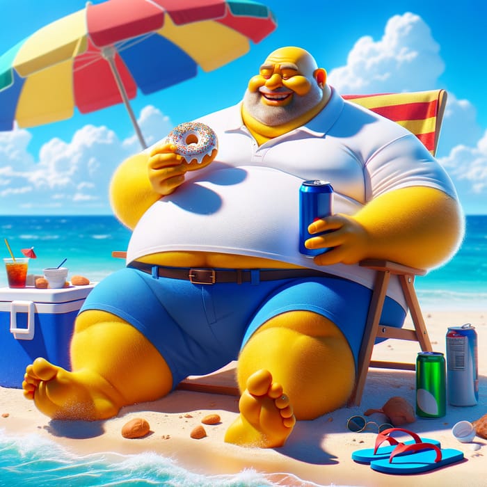 Homer Simpson Relaxing on Beach with Donut & Drink