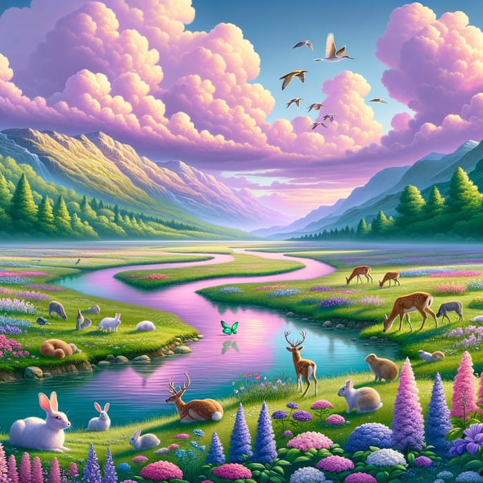 Surreal Landscape with Lavender Sky and Crystal Clear River | Wildlife Haven