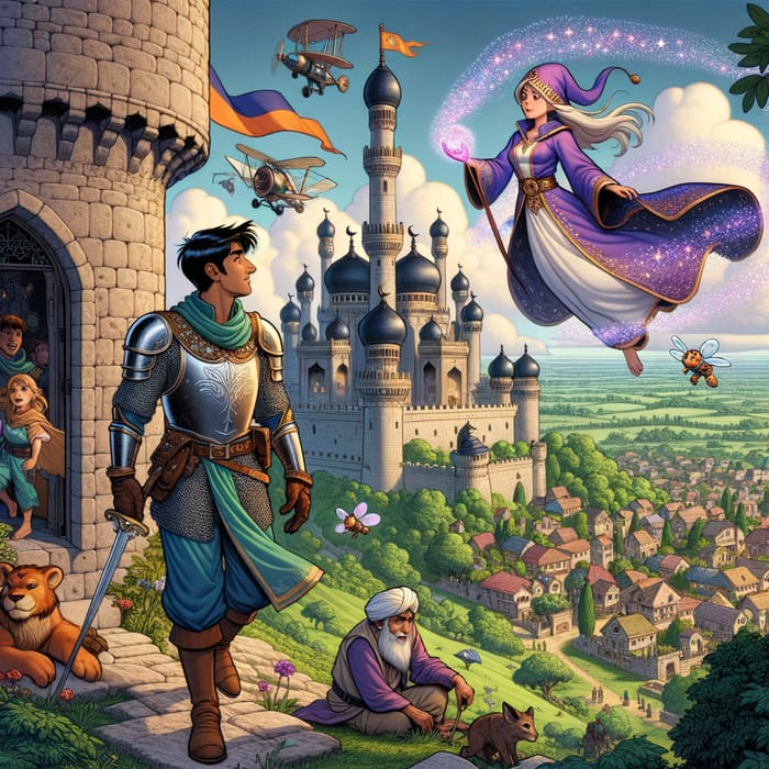Detailed Cartoon Scene: Castle, Diverse Characters & Magic