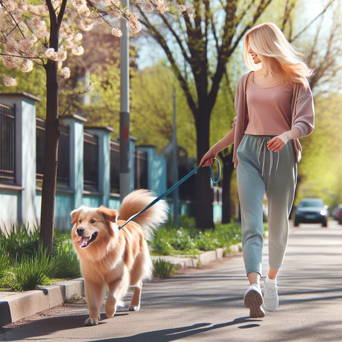 Blonde Woman Walking Dog in Sunny Neighborhood