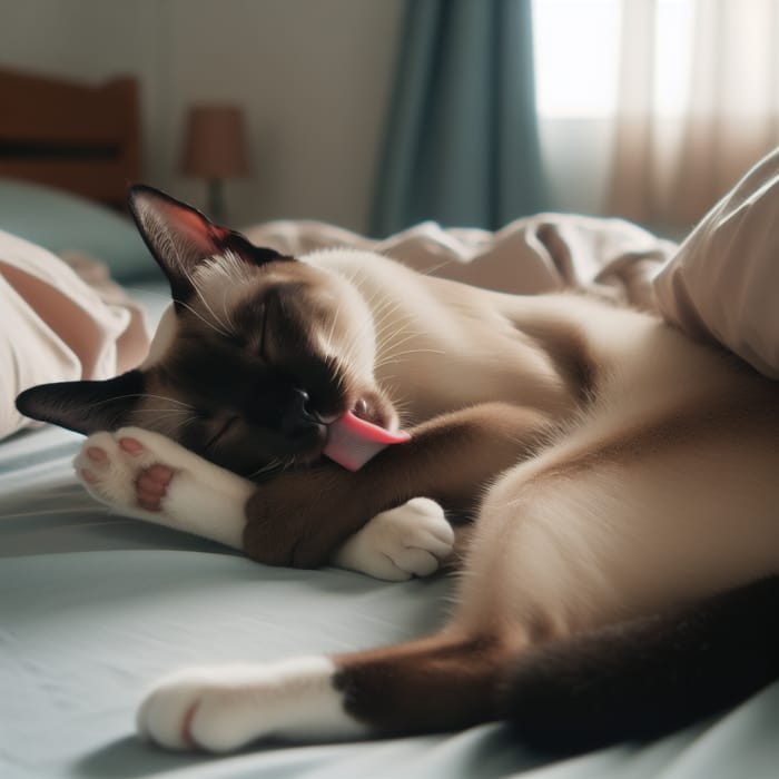 Siamese Cat Lying on Bed Grooming Arm