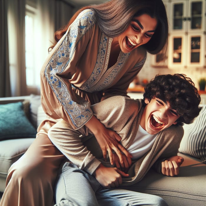 Joyful Middle-Eastern Mother Tickles Teen Son | Heartwarming Moment