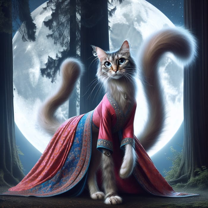 Enchanting Feline-Woman Fusion in Moonlit Setting