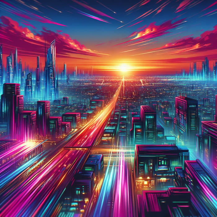 Neon Cyberpunk Cityscape | Futuristic Sunset Artwork