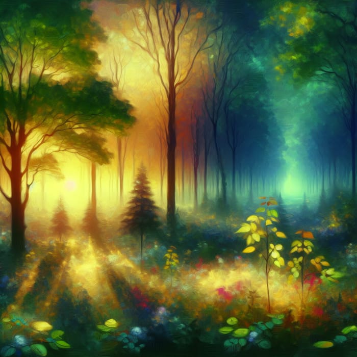 Ethereal Forest Dawn: Impressionist Nature Painting