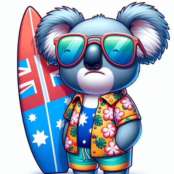 Vibrant Koala with Hawaiian Shirt and Sunglasses Beside Australian Flag Surfboard