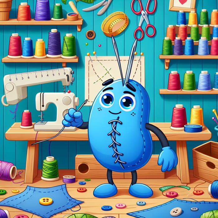 Anthropomorphized Cartoon Stitch in Vibrant Sewing Room