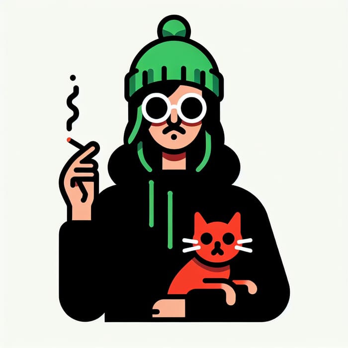 Stylish Guy in Black Hoodie with Green Hat Smoking Cigarette Holding Red Cat