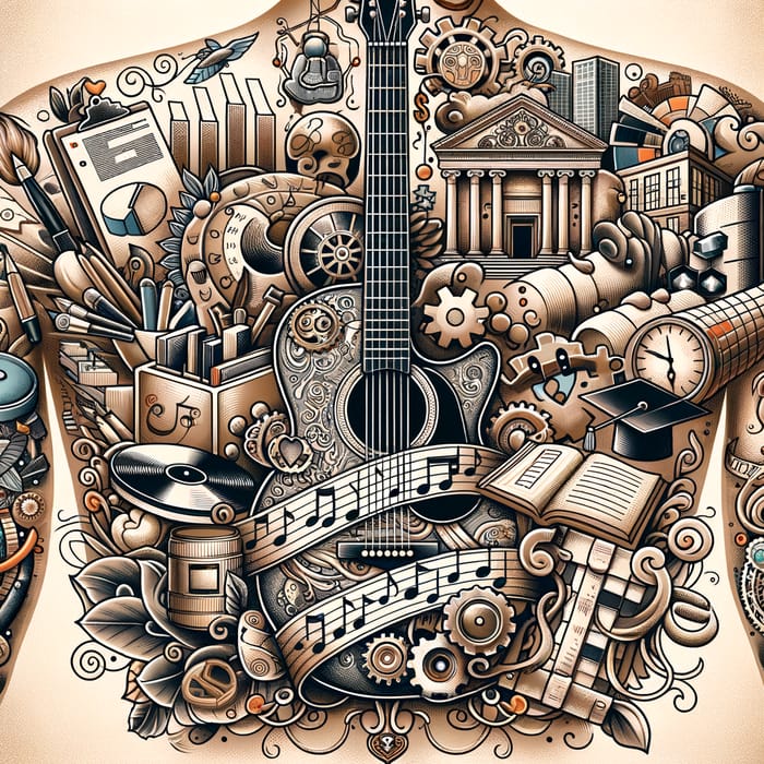 Intricate Life Celebration Tattoo Design - Music, Culture, Art, Education, Business, Travel