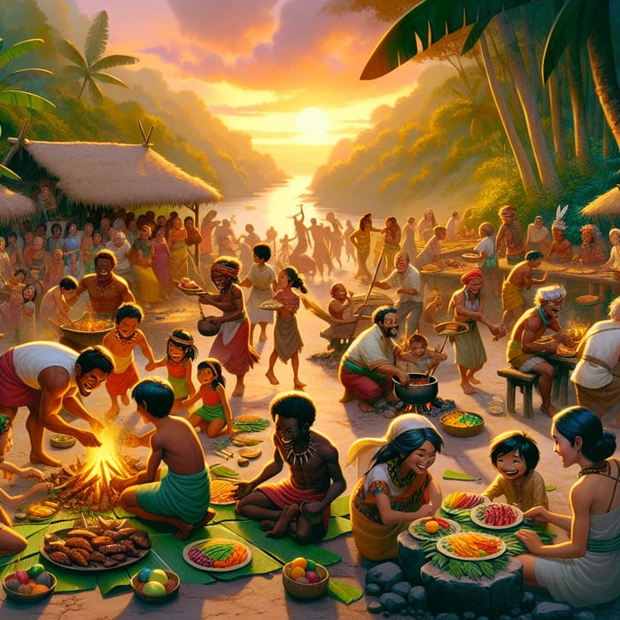 Harmonious Forest Village Feast Scene in Vibrant Animation