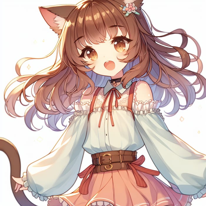 Playful Brown-Haired Cat Girl Anime Illustration in Soft Cel-Shaded Style