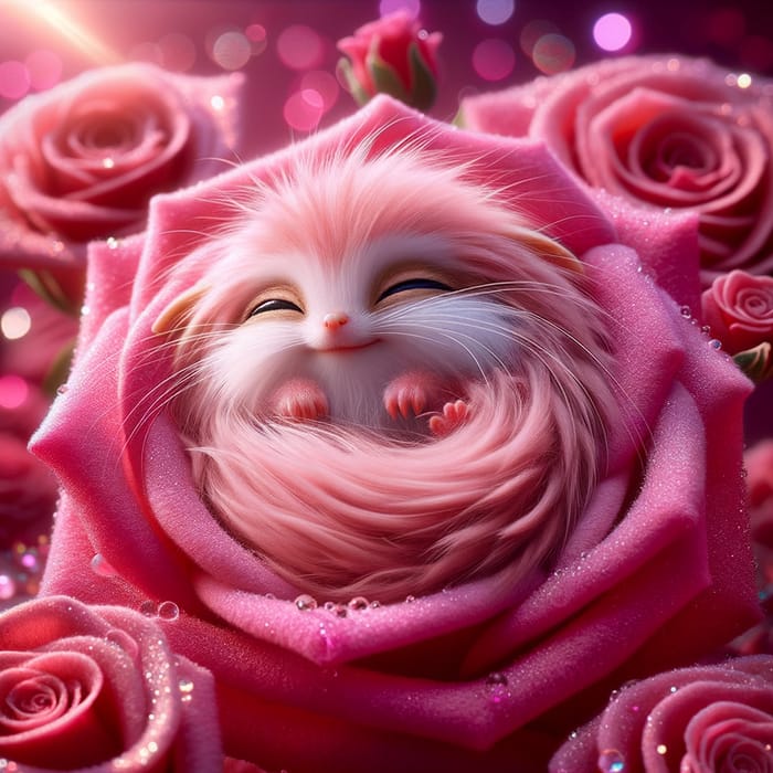 Magical Scene of Sleeping Pink Fluffy Creature in Rose Petal