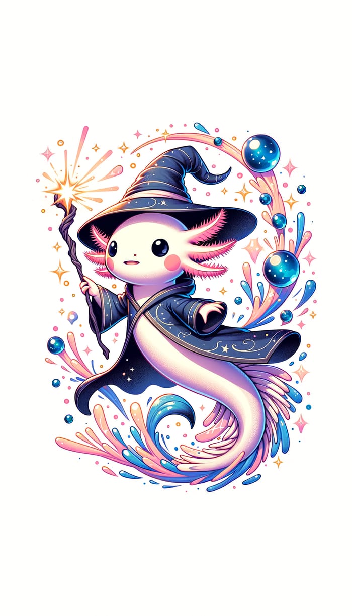 Enchanting Axolotl Wizard Soaring: Magical Illustration