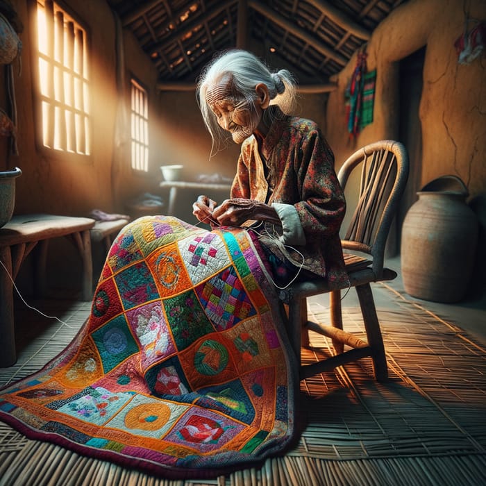 Elderly Vietnamese Woman Sewing Colorful Quilt | Vẽ bà tư