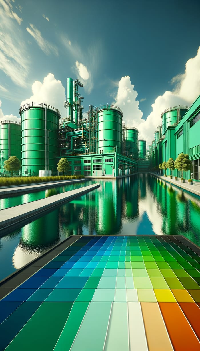 Modern Green Industrial Area with Unique RGB Water