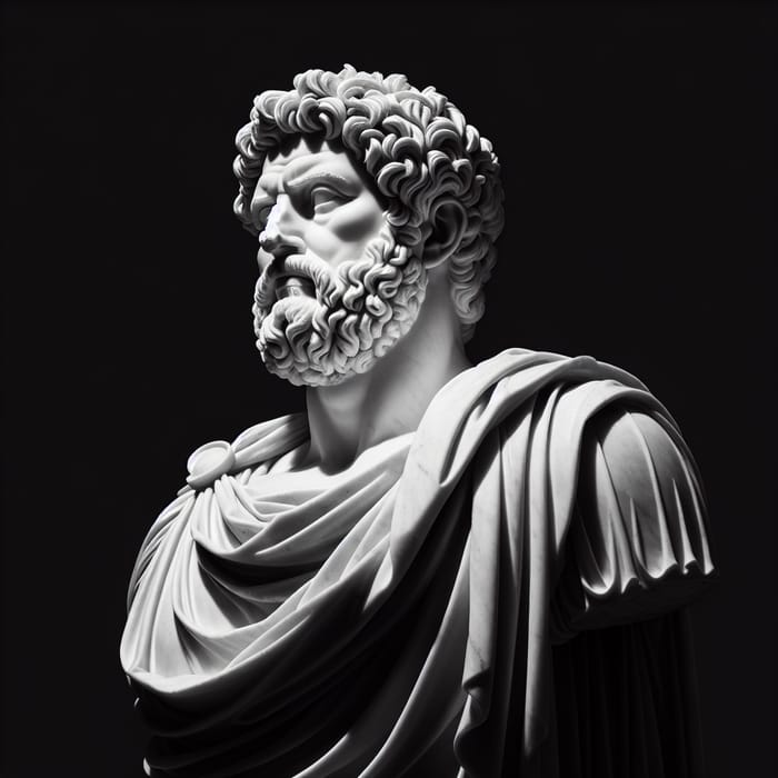 White Marble Statue of Marcus Aurelius on Black Background