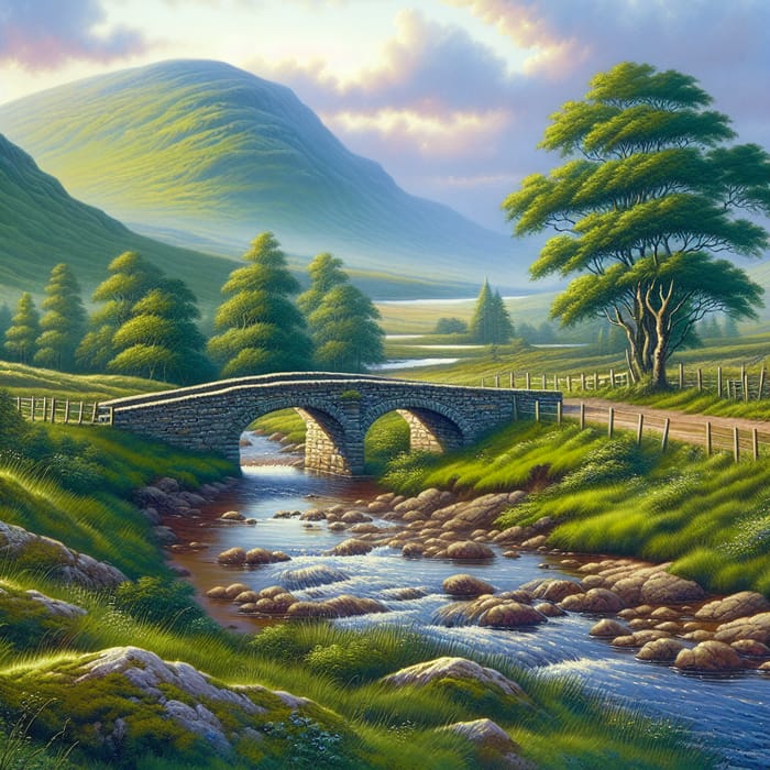 Serene Scottish Countryside with Bridge Over Stream