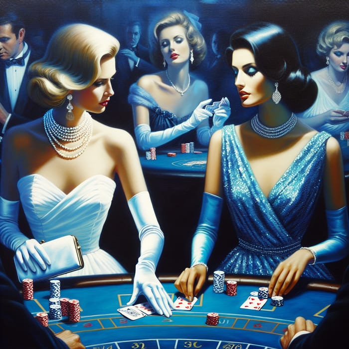 Elegant Casino Women in White and Blue Playing Poker