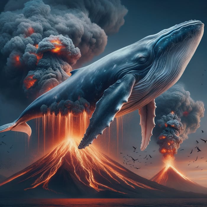 Whale Flying over Volcano: Surreal Nature Ballet