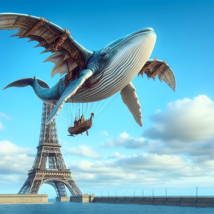 Whale Flying in Front of Valcon | Surreal Sky Scene
