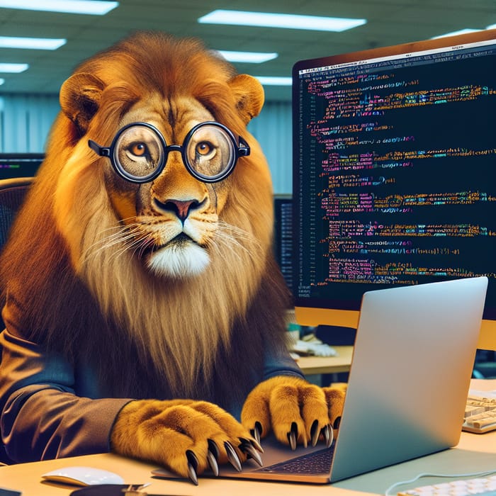 Cyberpunk Lion Software Developer Coding in Modern Office