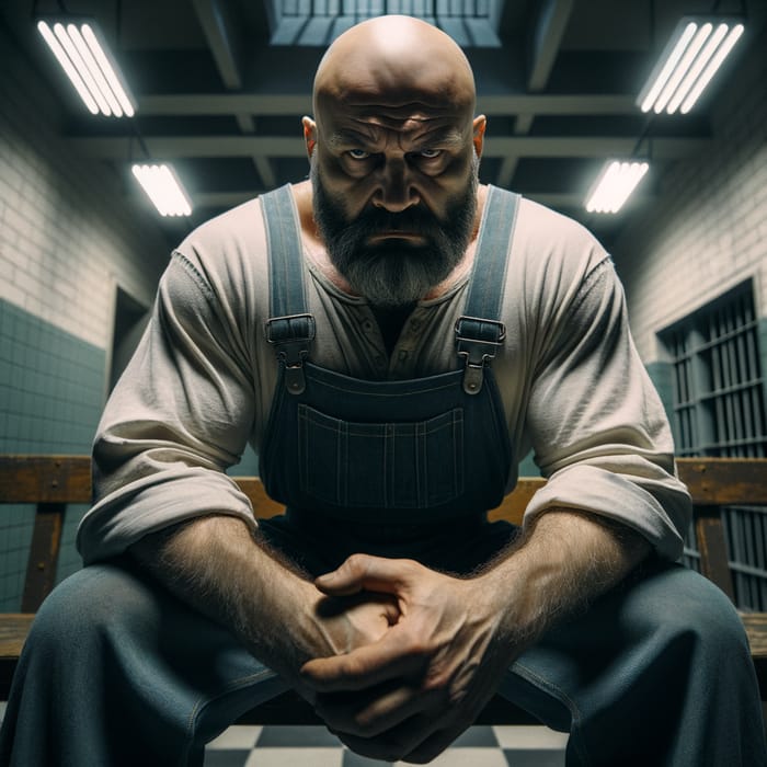 Bald Russian Prisoner in Faded Blue Overalls - Severe 4K Image