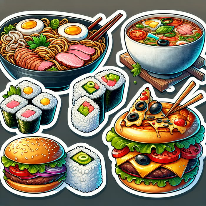 Delicious Food Stickers with Steaming Ramen, Cheesy Pizza & Sushi | Food-themed Designs