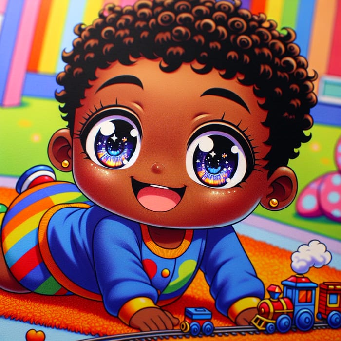 Animated Black Toddler Playing with Toy Train Set
