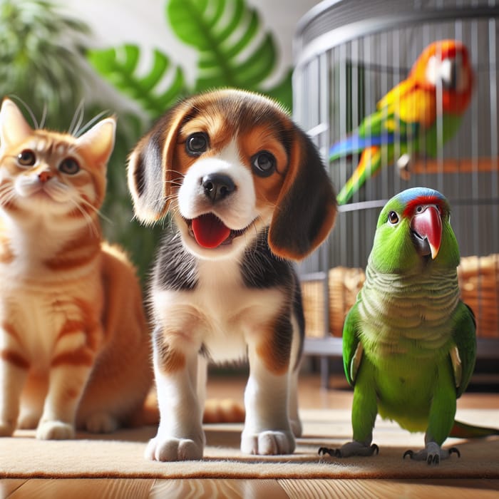 Tranquil & Serene Indoor Scene with Cat, Dog & Parrot