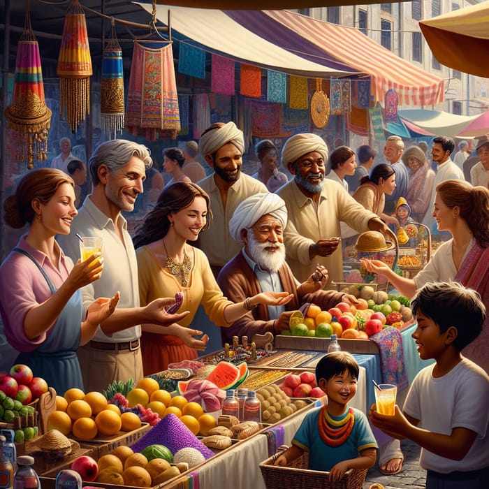 Multicultural Marketplace: Fruits, Jewelry, Textiles & Business