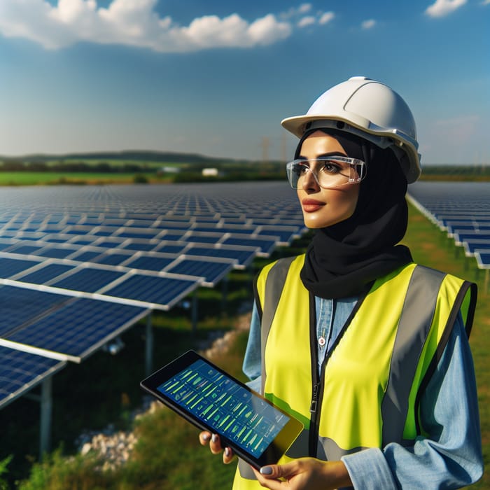 Female Engineer Inspecting Solar Farm for Efficiency