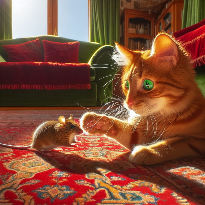 Ginger Cat Playing with Brown Mouse