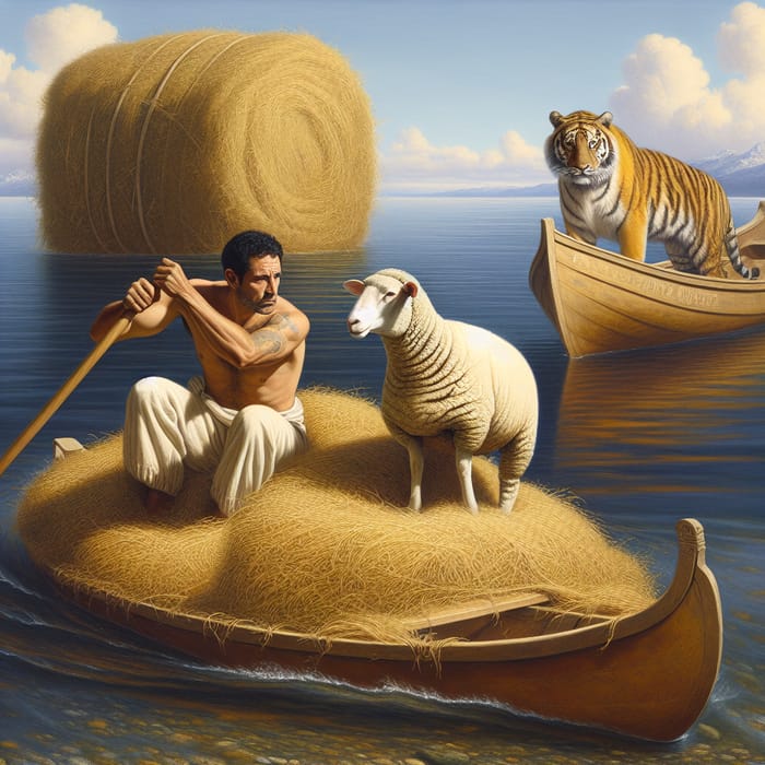 Man in Canoe with Sheep and Tiger: A Unique Scene