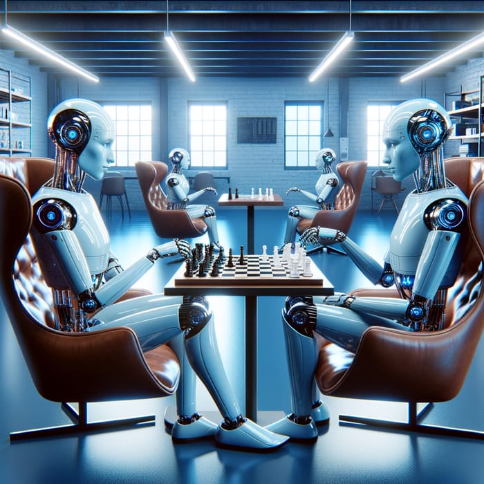 Futuristic AI Robots Playing Chess in Stylish Loft Setting | Minimalist Sci-Fi Vibe