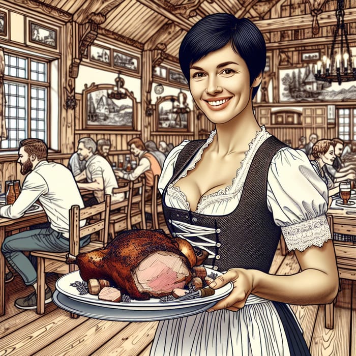 German Woman in Dirndl Serving Pork Roast in Bavarian Inn