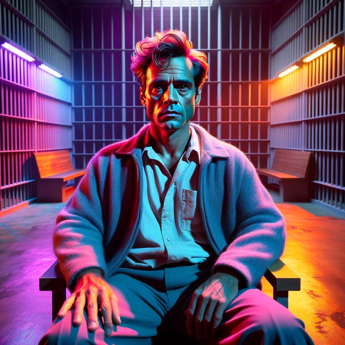 Vibrant Hyperrealism: Intense Jail Scene with Dramatic Lighting