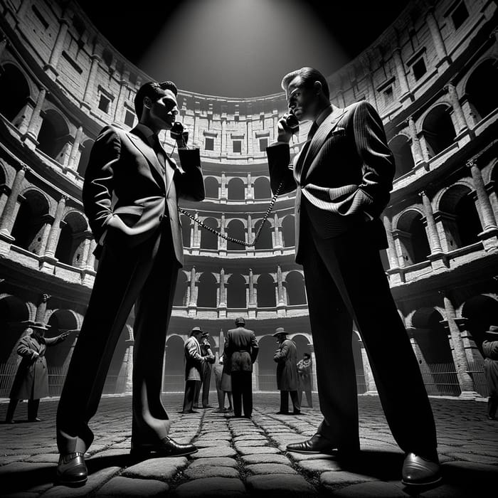 Rival Salesmen Clash in Colosseum - Dramatic Sales Noir Showdown