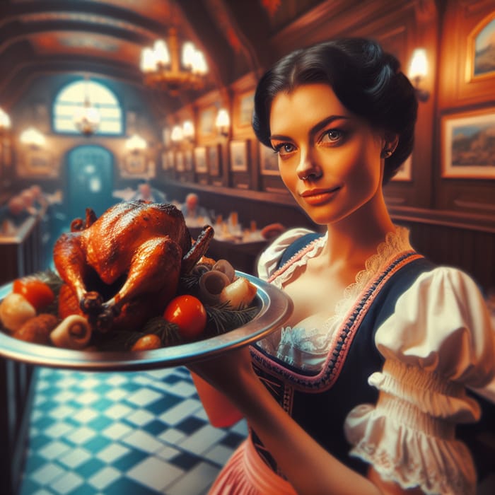 Caucasian German Woman Serving Roast Pork in Traditional Bavarian Restaurant