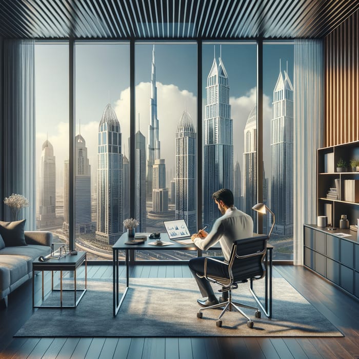 Modern Office Room with Burj Khalifa View in Dubai Skyscraper | Business Work Environment
