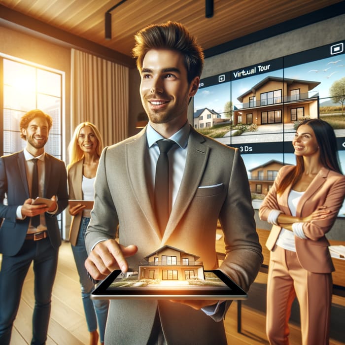 Confident Real Estate Agent Presents 3D Property Tours to Excited Buyers
