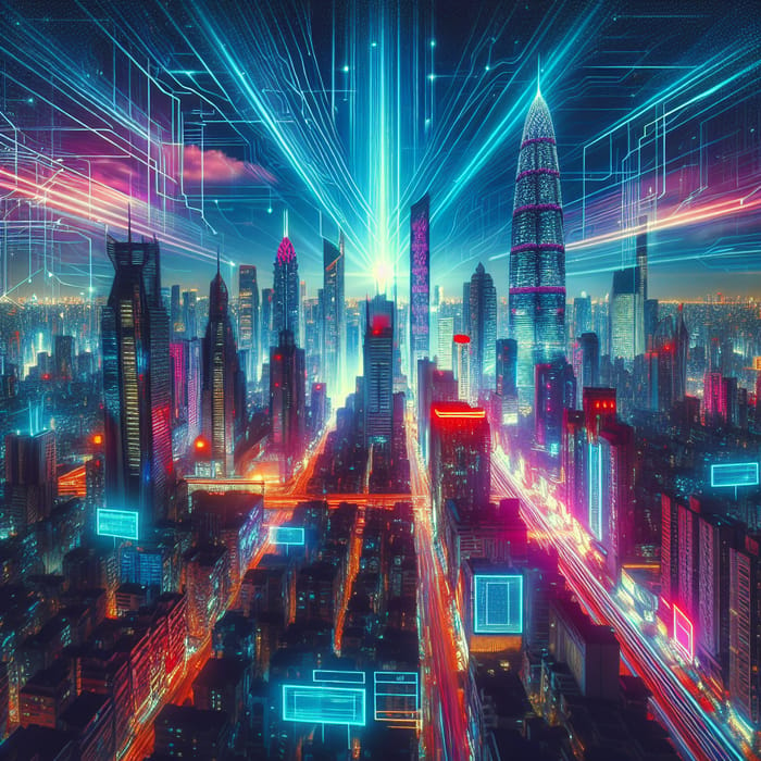 Futuristic Cyberpunk Cityscape | Neon Colors & Technological Advancements